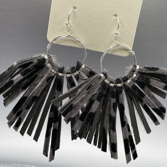 Leather Fringe Earrings in Black Cheetah - Picture 1 of 3